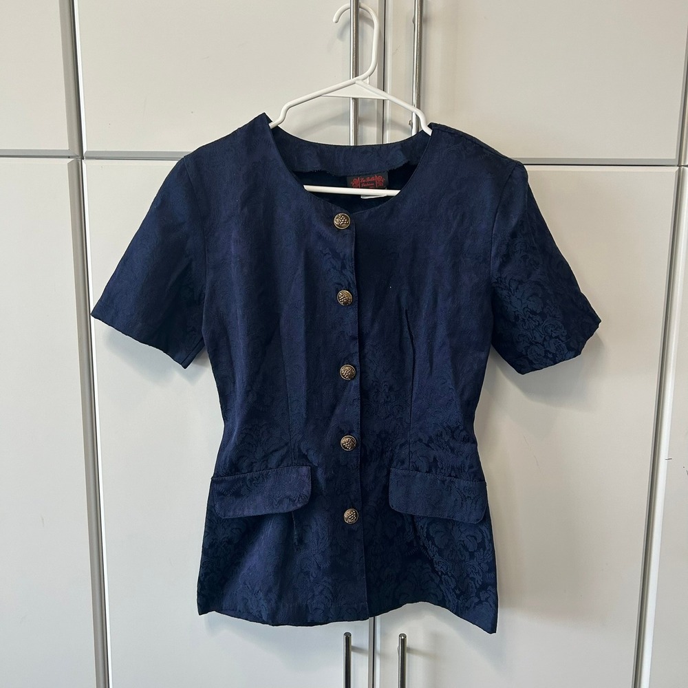 La Belle Fashions Vintage Navy Blue Floral Jacquard Blazer Top Short Sleeve Sz 5